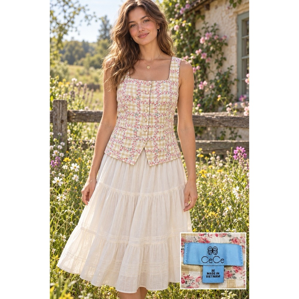 CECE Vest Top Womens Medium Floral Gingham Square Neck Button Front Cottagecore